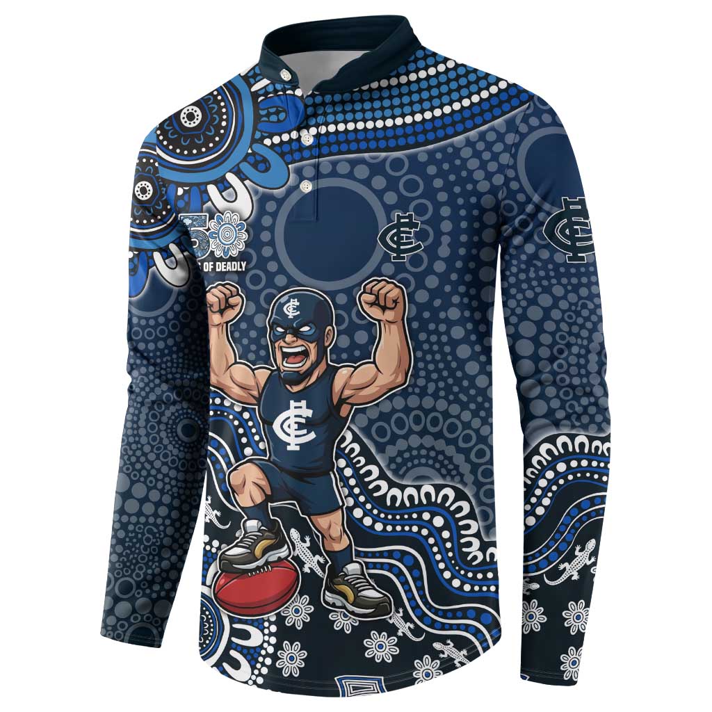Personalized Carlton Blues Football Mascot Button Sweatshirt Aboriginal Dot Art Style Vibrant Indigenous Pattern Design