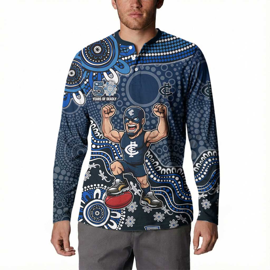 Personalized Carlton Blues Football Mascot Button Sweatshirt Aboriginal Dot Art Style Vibrant Indigenous Pattern Design