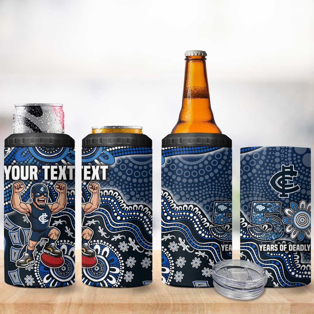 Personalized Carlton Blues Football Mascot 4 in 1 Can Cooler Tumbler Aboriginal Dot Art Style Vibrant Indigenous Pattern Design