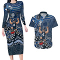 Personalized Carlton Blues Football Mascot Couples Matching Long Sleeve Bodycon Dress and Hawaiian Shirt Aboriginal Dot Art Style Vibrant Indigenous Pattern Design