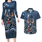 Personalized Carlton Blues Football Mascot Couples Matching Long Sleeve Bodycon Dress and Hawaiian Shirt Aboriginal Dot Art Style Vibrant Indigenous Pattern Design