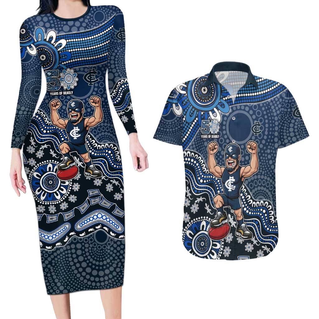 Personalized Carlton Blues Football Mascot Couples Matching Long Sleeve Bodycon Dress and Hawaiian Shirt Aboriginal Dot Art Style Vibrant Indigenous Pattern Design