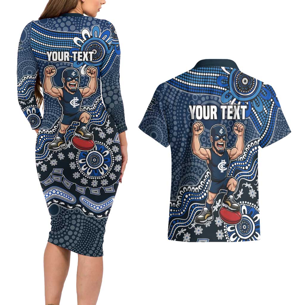 Personalized Carlton Blues Football Mascot Couples Matching Long Sleeve Bodycon Dress and Hawaiian Shirt Aboriginal Dot Art Style Vibrant Indigenous Pattern Design