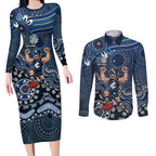 Personalized Carlton Blues Football Mascot Couples Matching Long Sleeve Bodycon Dress and Long Sleeve Button Shirt Aboriginal Dot Art Style Vibrant Indigenous Pattern Design
