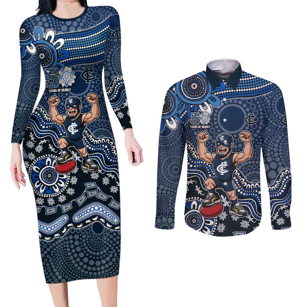 Personalized Carlton Blues Football Mascot Couples Matching Long Sleeve Bodycon Dress and Long Sleeve Button Shirt Aboriginal Dot Art Style Vibrant Indigenous Pattern Design