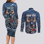 Personalized Carlton Blues Football Mascot Couples Matching Long Sleeve Bodycon Dress and Long Sleeve Button Shirt Aboriginal Dot Art Style Vibrant Indigenous Pattern Design