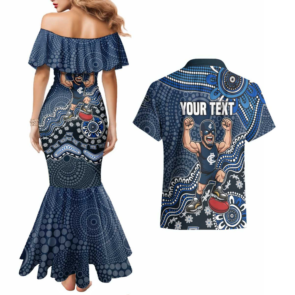 Personalized Carlton Blues Football Mascot Couples Matching Mermaid Dress and Hawaiian Shirt Aboriginal Dot Art Style Vibrant Indigenous Pattern Design