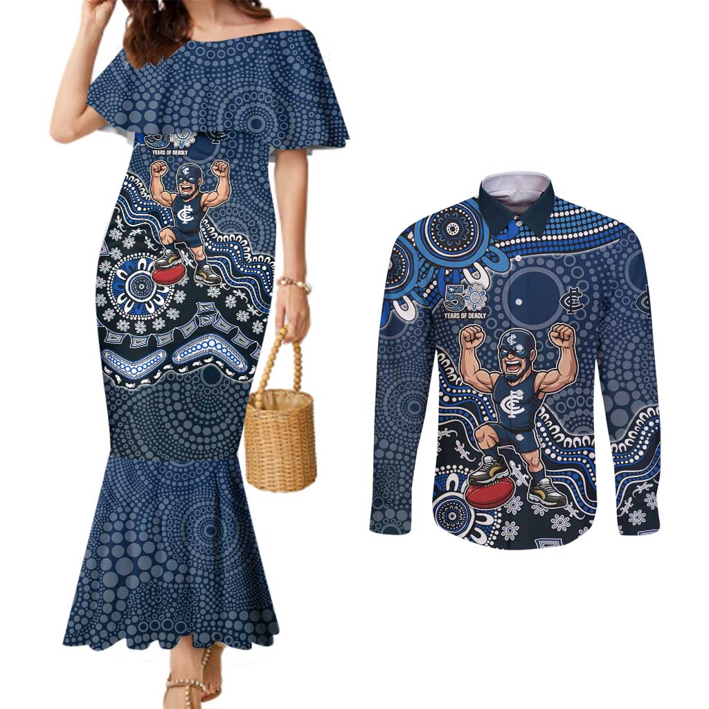 Personalized Carlton Blues Football Mascot Couples Matching Mermaid Dress and Long Sleeve Button Shirt Aboriginal Dot Art Style Vibrant Indigenous Pattern Design
