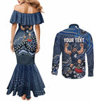 Personalized Carlton Blues Football Mascot Couples Matching Mermaid Dress and Long Sleeve Button Shirt Aboriginal Dot Art Style Vibrant Indigenous Pattern Design