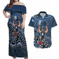 Personalized Carlton Blues Football Mascot Couples Matching Off Shoulder Maxi Dress and Hawaiian Shirt Aboriginal Dot Art Style Vibrant Indigenous Pattern Design