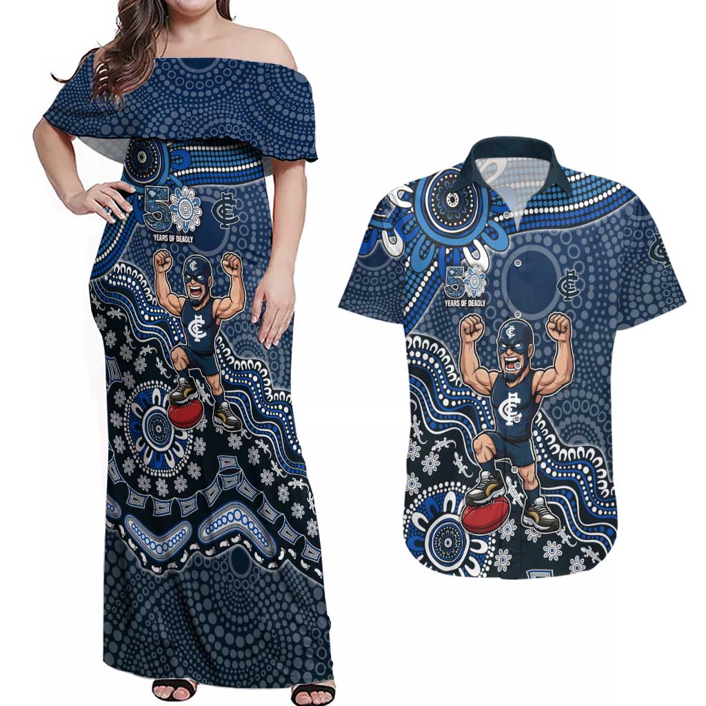 Personalized Carlton Blues Football Mascot Couples Matching Off Shoulder Maxi Dress and Hawaiian Shirt Aboriginal Dot Art Style Vibrant Indigenous Pattern Design