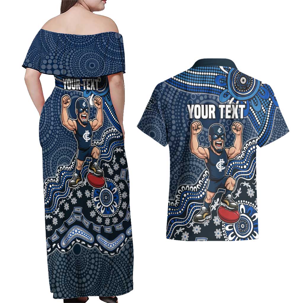 Personalized Carlton Blues Football Mascot Couples Matching Off Shoulder Maxi Dress and Hawaiian Shirt Aboriginal Dot Art Style Vibrant Indigenous Pattern Design