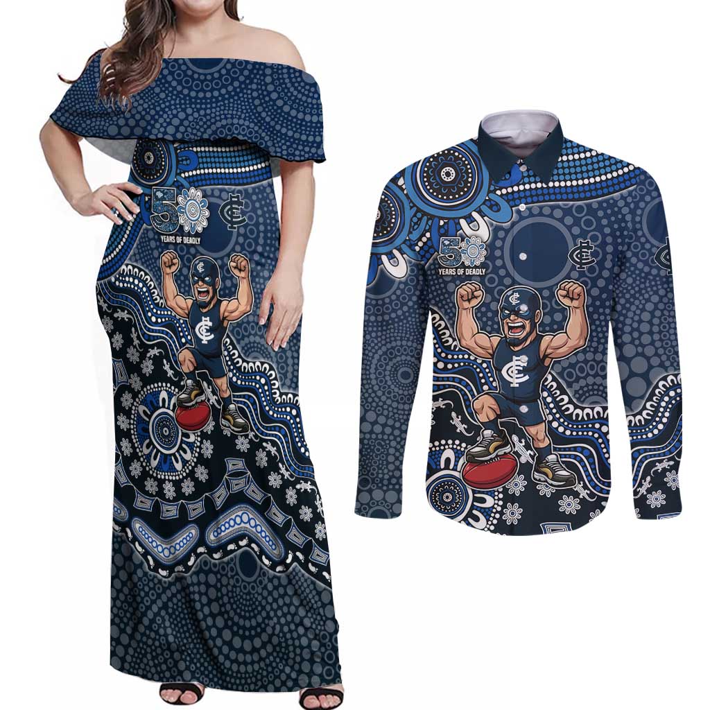 Personalized Carlton Blues Football Mascot Couples Matching Off Shoulder Maxi Dress and Long Sleeve Button Shirt Aboriginal Dot Art Style Vibrant Indigenous Pattern Design