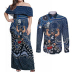 Personalized Carlton Blues Football Mascot Couples Matching Off Shoulder Maxi Dress and Long Sleeve Button Shirt Aboriginal Dot Art Style Vibrant Indigenous Pattern Design