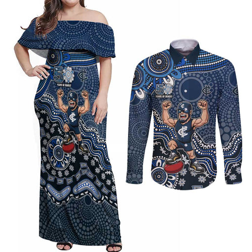 Personalized Carlton Blues Football Mascot Couples Matching Off Shoulder Maxi Dress and Long Sleeve Button Shirt Aboriginal Dot Art Style Vibrant Indigenous Pattern Design