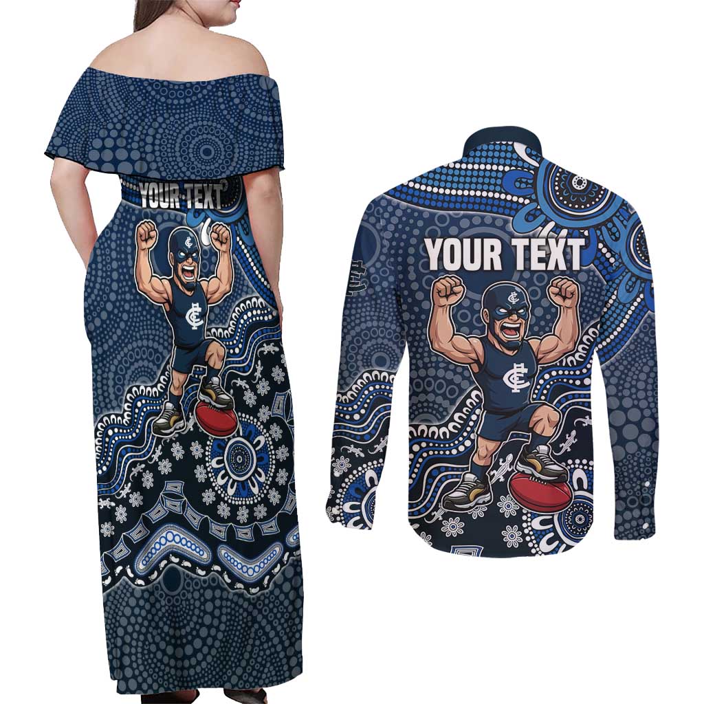 Personalized Carlton Blues Football Mascot Couples Matching Off Shoulder Maxi Dress and Long Sleeve Button Shirt Aboriginal Dot Art Style Vibrant Indigenous Pattern Design