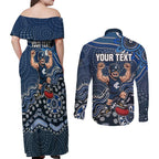 Personalized Carlton Blues Football Mascot Couples Matching Off Shoulder Maxi Dress and Long Sleeve Button Shirt Aboriginal Dot Art Style Vibrant Indigenous Pattern Design