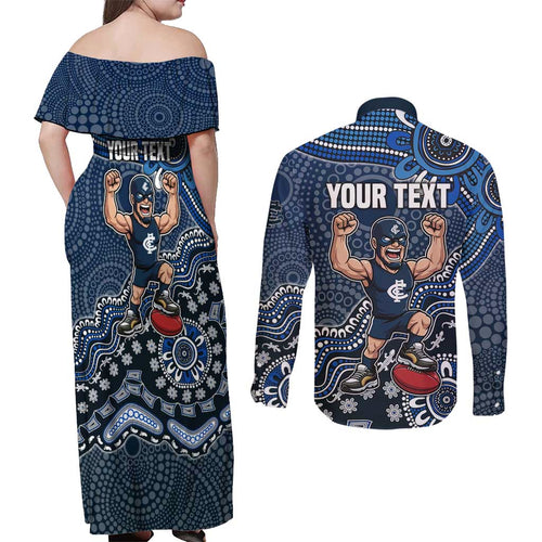 Personalized Carlton Blues Football Mascot Couples Matching Off Shoulder Maxi Dress and Long Sleeve Button Shirt Aboriginal Dot Art Style Vibrant Indigenous Pattern Design