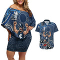 Personalized Carlton Blues Football Mascot Couples Matching Off Shoulder Short Dress and Hawaiian Shirt Aboriginal Dot Art Style Vibrant Indigenous Pattern Design
