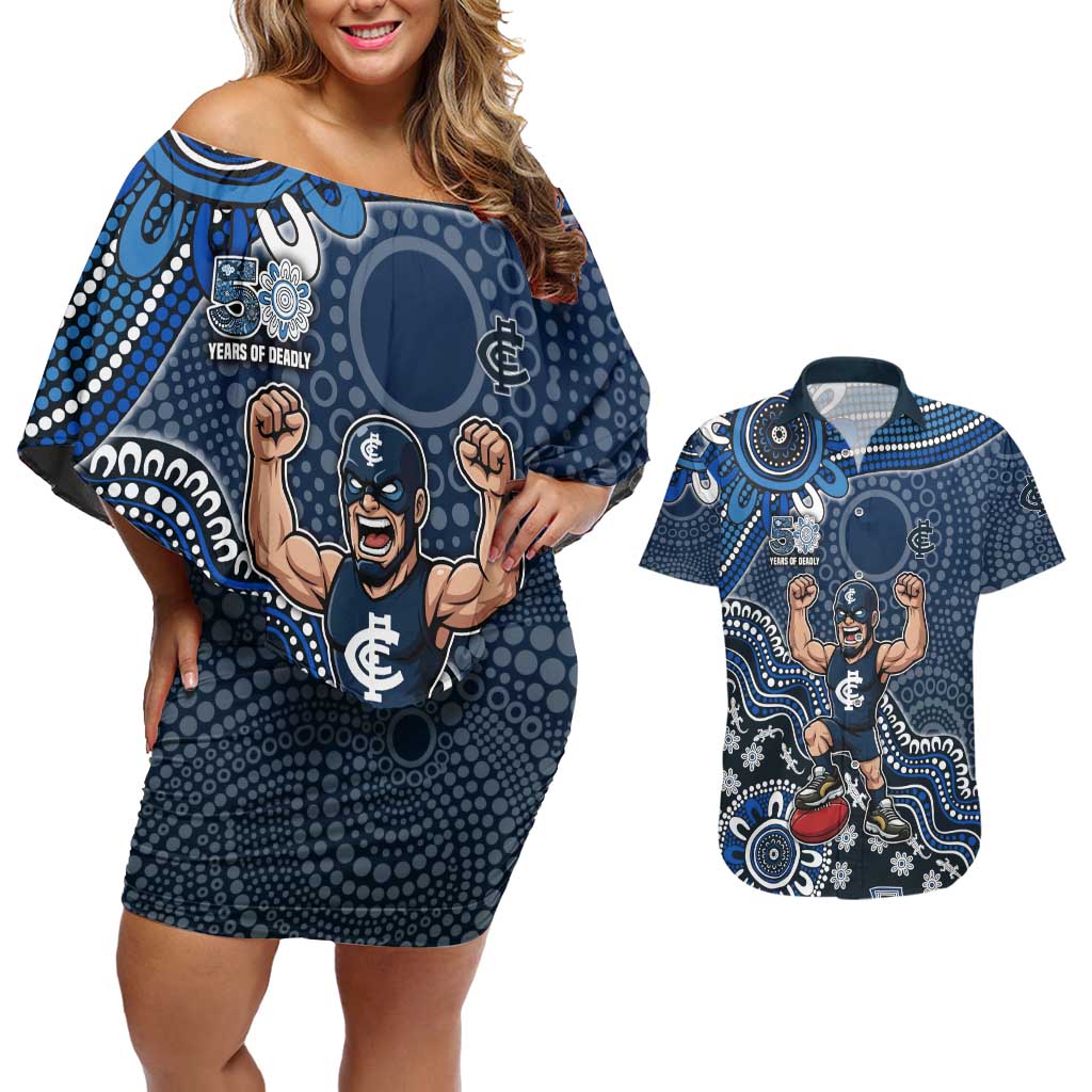 Personalized Carlton Blues Football Mascot Couples Matching Off Shoulder Short Dress and Hawaiian Shirt Aboriginal Dot Art Style Vibrant Indigenous Pattern Design