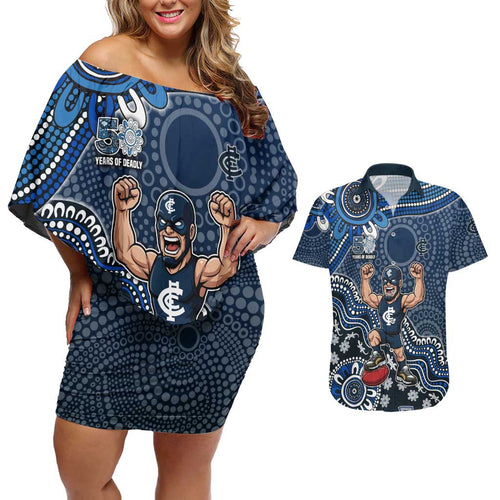 Personalized Carlton Blues Football Mascot Couples Matching Off Shoulder Short Dress and Hawaiian Shirt Aboriginal Dot Art Style Vibrant Indigenous Pattern Design