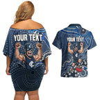 Personalized Carlton Blues Football Mascot Couples Matching Off Shoulder Short Dress and Hawaiian Shirt Aboriginal Dot Art Style Vibrant Indigenous Pattern Design