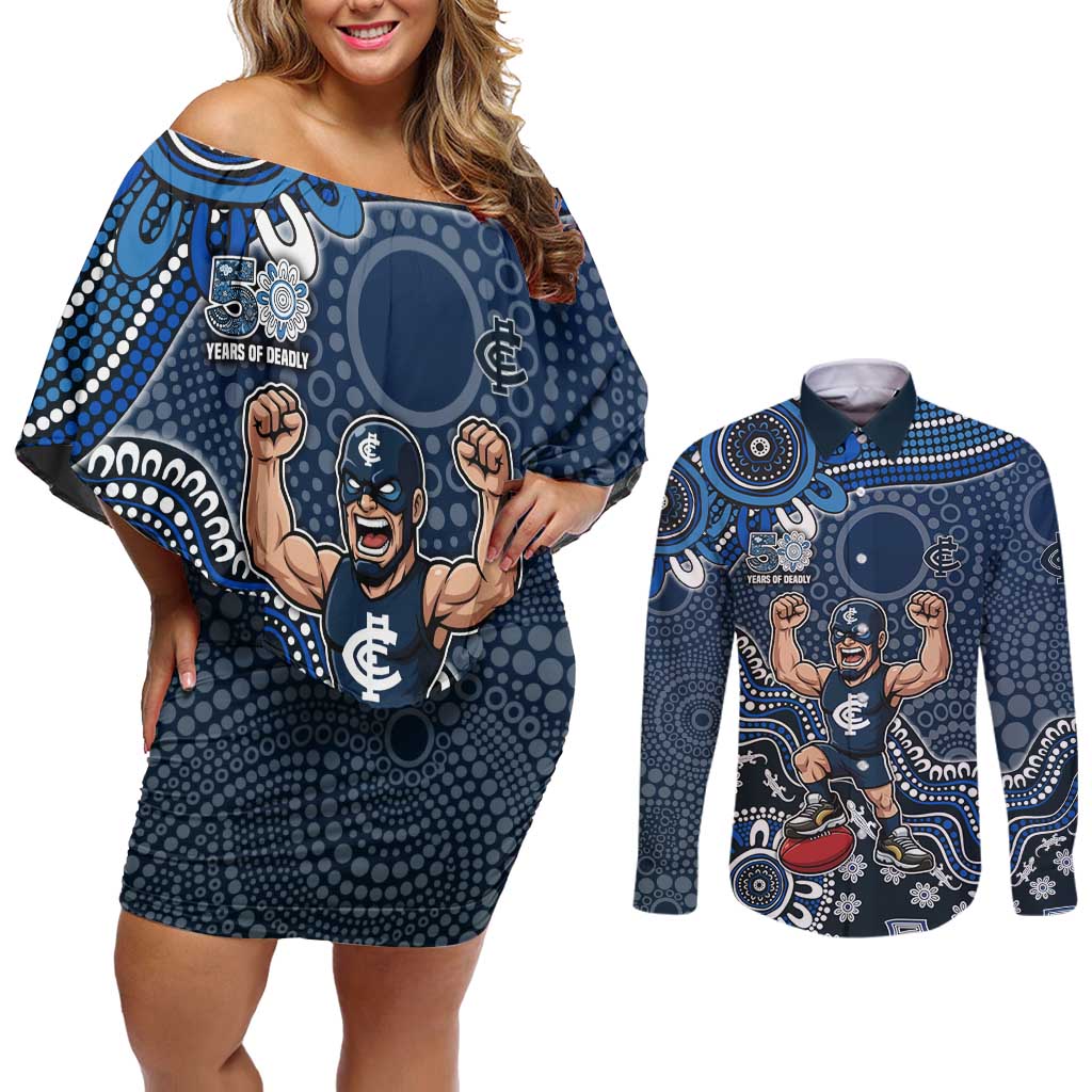 Personalized Carlton Blues Football Mascot Couples Matching Off Shoulder Short Dress and Long Sleeve Button Shirt Aboriginal Dot Art Style Vibrant Indigenous Pattern Design