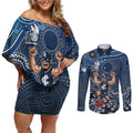 Personalized Carlton Blues Football Mascot Couples Matching Off Shoulder Short Dress and Long Sleeve Button Shirt Aboriginal Dot Art Style Vibrant Indigenous Pattern Design