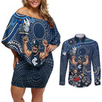 Personalized Carlton Blues Football Mascot Couples Matching Off Shoulder Short Dress and Long Sleeve Button Shirt Aboriginal Dot Art Style Vibrant Indigenous Pattern Design