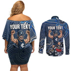 Personalized Carlton Blues Football Mascot Couples Matching Off Shoulder Short Dress and Long Sleeve Button Shirt Aboriginal Dot Art Style Vibrant Indigenous Pattern Design