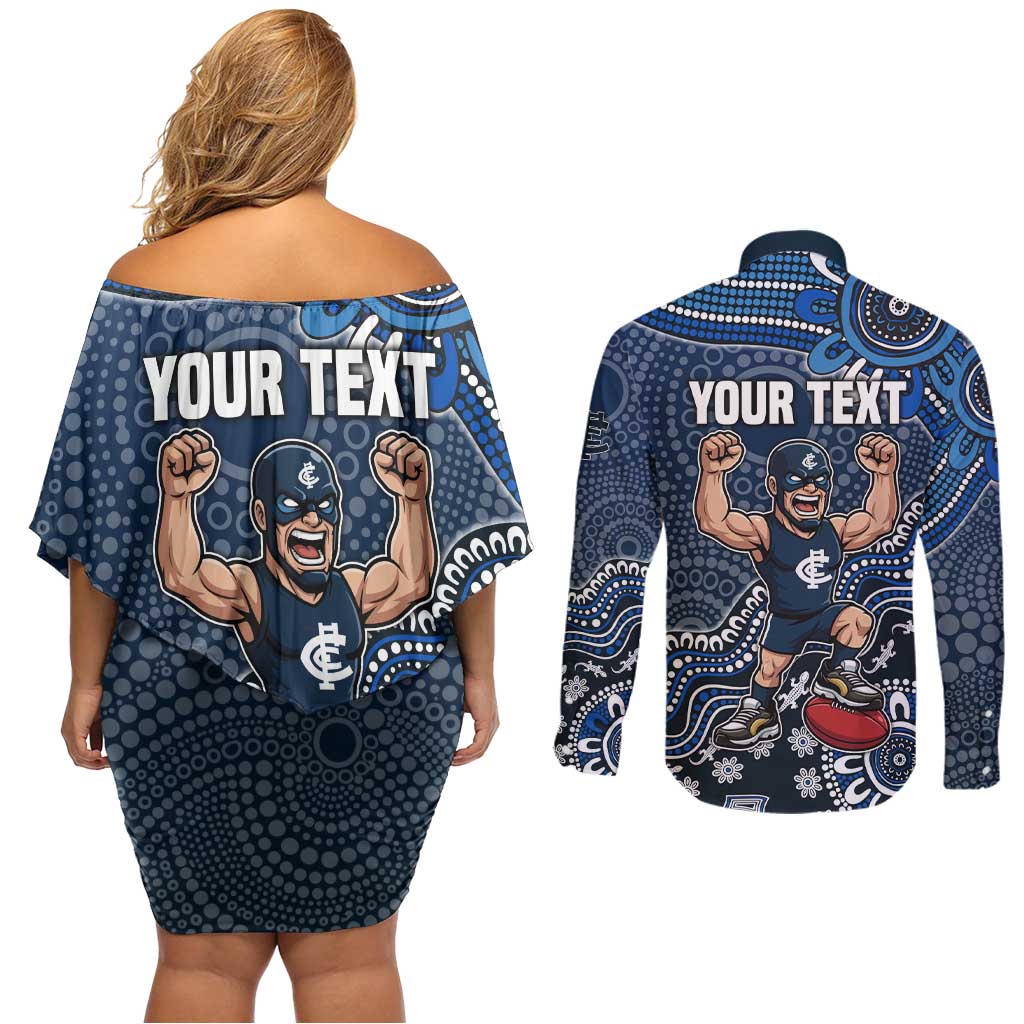 Personalized Carlton Blues Football Mascot Couples Matching Off Shoulder Short Dress and Long Sleeve Button Shirt Aboriginal Dot Art Style Vibrant Indigenous Pattern Design