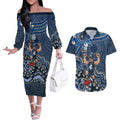 Personalized Carlton Blues Football Mascot Couples Matching Off The Shoulder Long Sleeve Dress and Hawaiian Shirt Aboriginal Dot Art Style Vibrant Indigenous Pattern Design