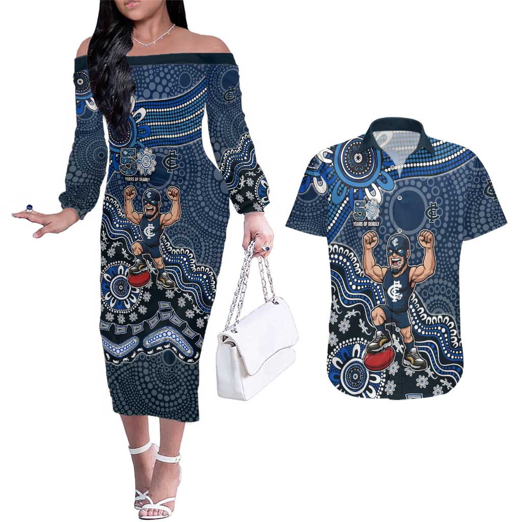 Personalized Carlton Blues Football Mascot Couples Matching Off The Shoulder Long Sleeve Dress and Hawaiian Shirt Aboriginal Dot Art Style Vibrant Indigenous Pattern Design