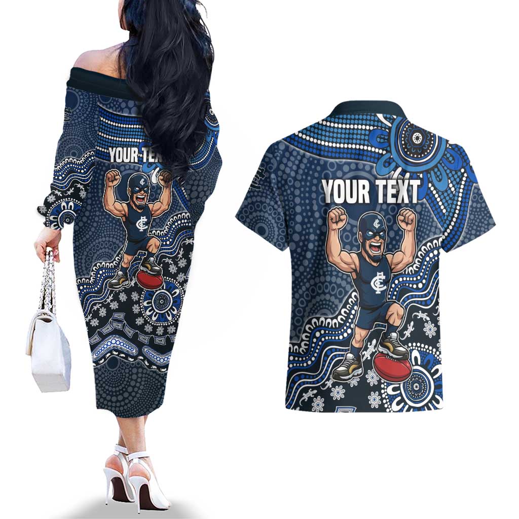 Personalized Carlton Blues Football Mascot Couples Matching Off The Shoulder Long Sleeve Dress and Hawaiian Shirt Aboriginal Dot Art Style Vibrant Indigenous Pattern Design