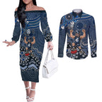 Personalized Carlton Blues Football Mascot Couples Matching Off The Shoulder Long Sleeve Dress and Long Sleeve Button Shirt Aboriginal Dot Art Style Vibrant Indigenous Pattern Design