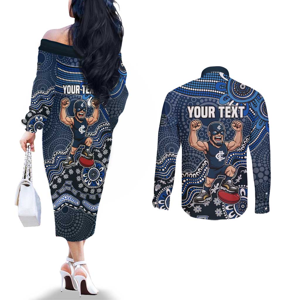 Personalized Carlton Blues Football Mascot Couples Matching Off The Shoulder Long Sleeve Dress and Long Sleeve Button Shirt Aboriginal Dot Art Style Vibrant Indigenous Pattern Design