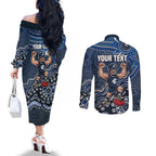 Personalized Carlton Blues Football Mascot Couples Matching Off The Shoulder Long Sleeve Dress and Long Sleeve Button Shirt Aboriginal Dot Art Style Vibrant Indigenous Pattern Design