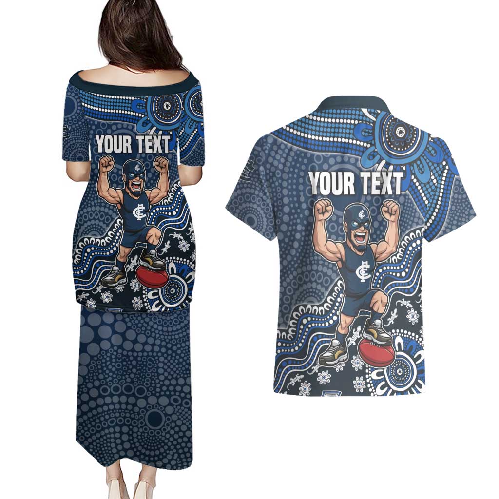 Personalized Carlton Blues Football Mascot Couples Matching Puletasi and Hawaiian Shirt Aboriginal Dot Art Style Vibrant Indigenous Pattern Design
