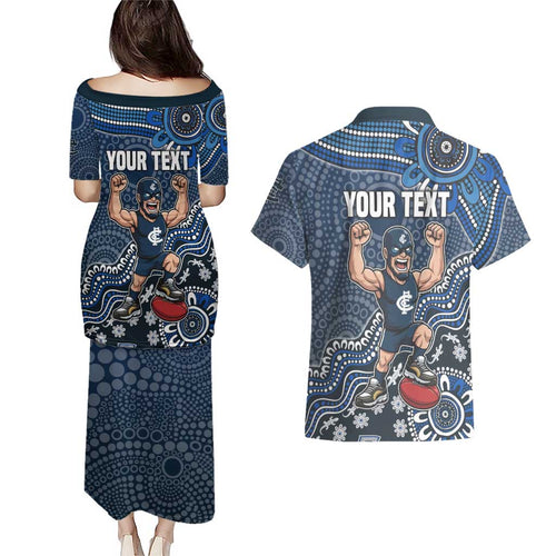 Personalized Carlton Blues Football Mascot Couples Matching Puletasi and Hawaiian Shirt Aboriginal Dot Art Style Vibrant Indigenous Pattern Design