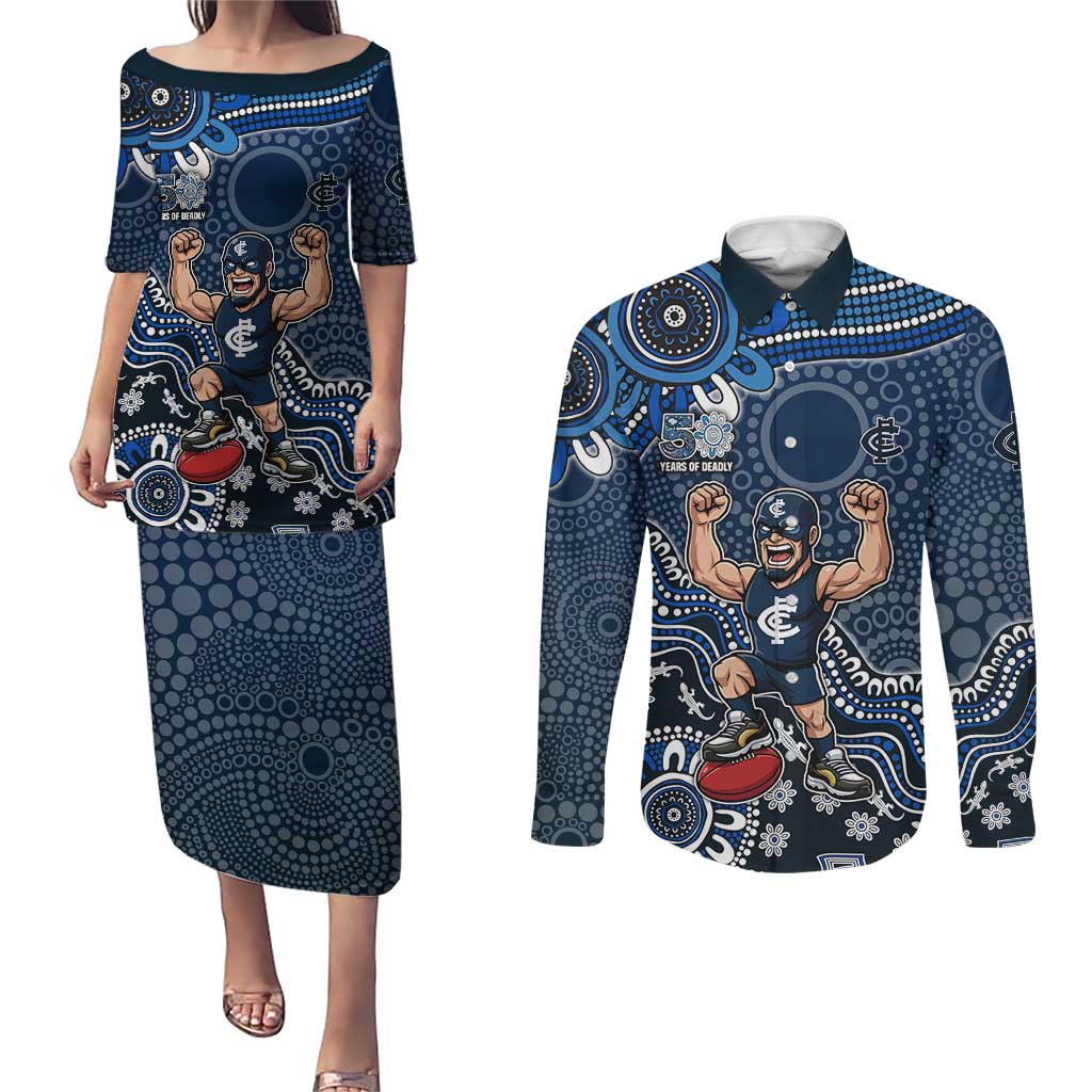 Personalized Carlton Blues Football Mascot Couples Matching Puletasi and Long Sleeve Button Shirt Aboriginal Dot Art Style Vibrant Indigenous Pattern Design