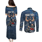 Personalized Carlton Blues Football Mascot Couples Matching Puletasi and Long Sleeve Button Shirt Aboriginal Dot Art Style Vibrant Indigenous Pattern Design