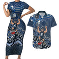 Personalized Carlton Blues Football Mascot Couples Matching Short Sleeve Bodycon Dress and Hawaiian Shirt Aboriginal Dot Art Style Vibrant Indigenous Pattern Design