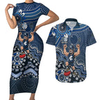 Personalized Carlton Blues Football Mascot Couples Matching Short Sleeve Bodycon Dress and Hawaiian Shirt Aboriginal Dot Art Style Vibrant Indigenous Pattern Design