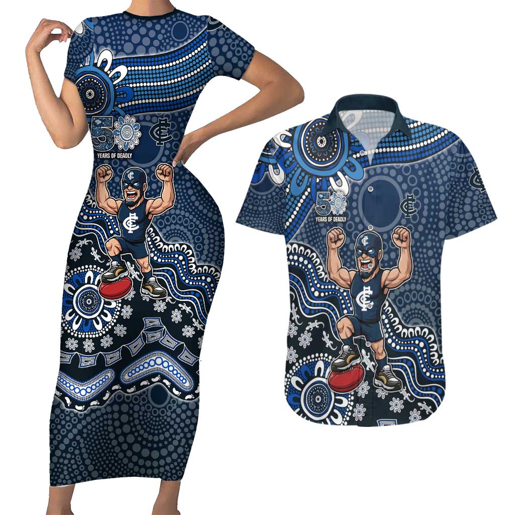 Personalized Carlton Blues Football Mascot Couples Matching Short Sleeve Bodycon Dress and Hawaiian Shirt Aboriginal Dot Art Style Vibrant Indigenous Pattern Design