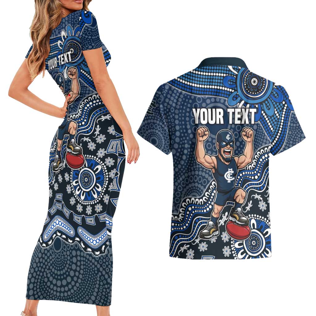 Personalized Carlton Blues Football Mascot Couples Matching Short Sleeve Bodycon Dress and Hawaiian Shirt Aboriginal Dot Art Style Vibrant Indigenous Pattern Design