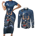 Personalized Carlton Blues Football Mascot Couples Matching Short Sleeve Bodycon Dress and Long Sleeve Button Shirt Aboriginal Dot Art Style Vibrant Indigenous Pattern Design