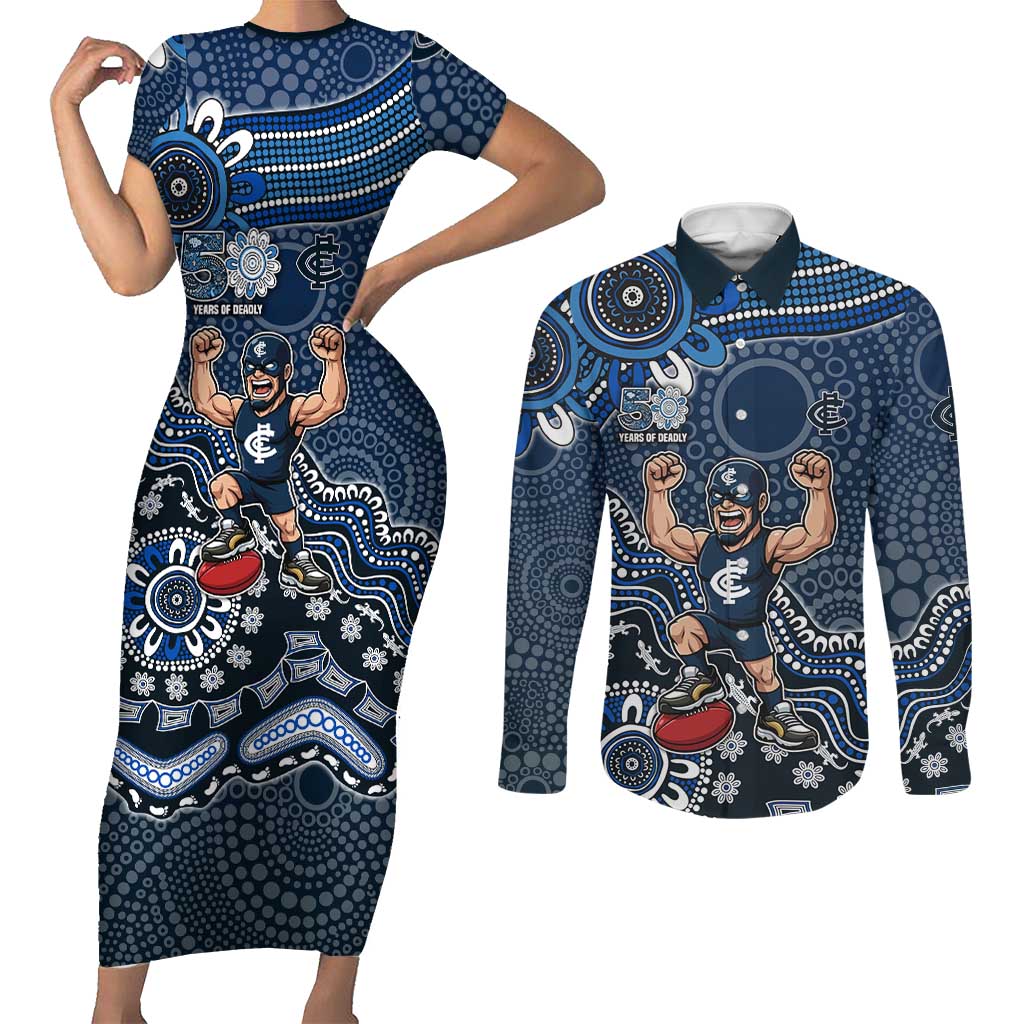 Personalized Carlton Blues Football Mascot Couples Matching Short Sleeve Bodycon Dress and Long Sleeve Button Shirt Aboriginal Dot Art Style Vibrant Indigenous Pattern Design