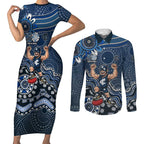 Personalized Carlton Blues Football Mascot Couples Matching Short Sleeve Bodycon Dress and Long Sleeve Button Shirt Aboriginal Dot Art Style Vibrant Indigenous Pattern Design
