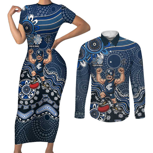 Personalized Carlton Blues Football Mascot Couples Matching Short Sleeve Bodycon Dress and Long Sleeve Button Shirt Aboriginal Dot Art Style Vibrant Indigenous Pattern Design