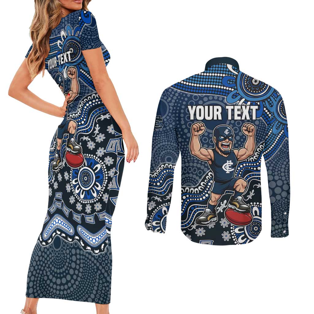 Personalized Carlton Blues Football Mascot Couples Matching Short Sleeve Bodycon Dress and Long Sleeve Button Shirt Aboriginal Dot Art Style Vibrant Indigenous Pattern Design